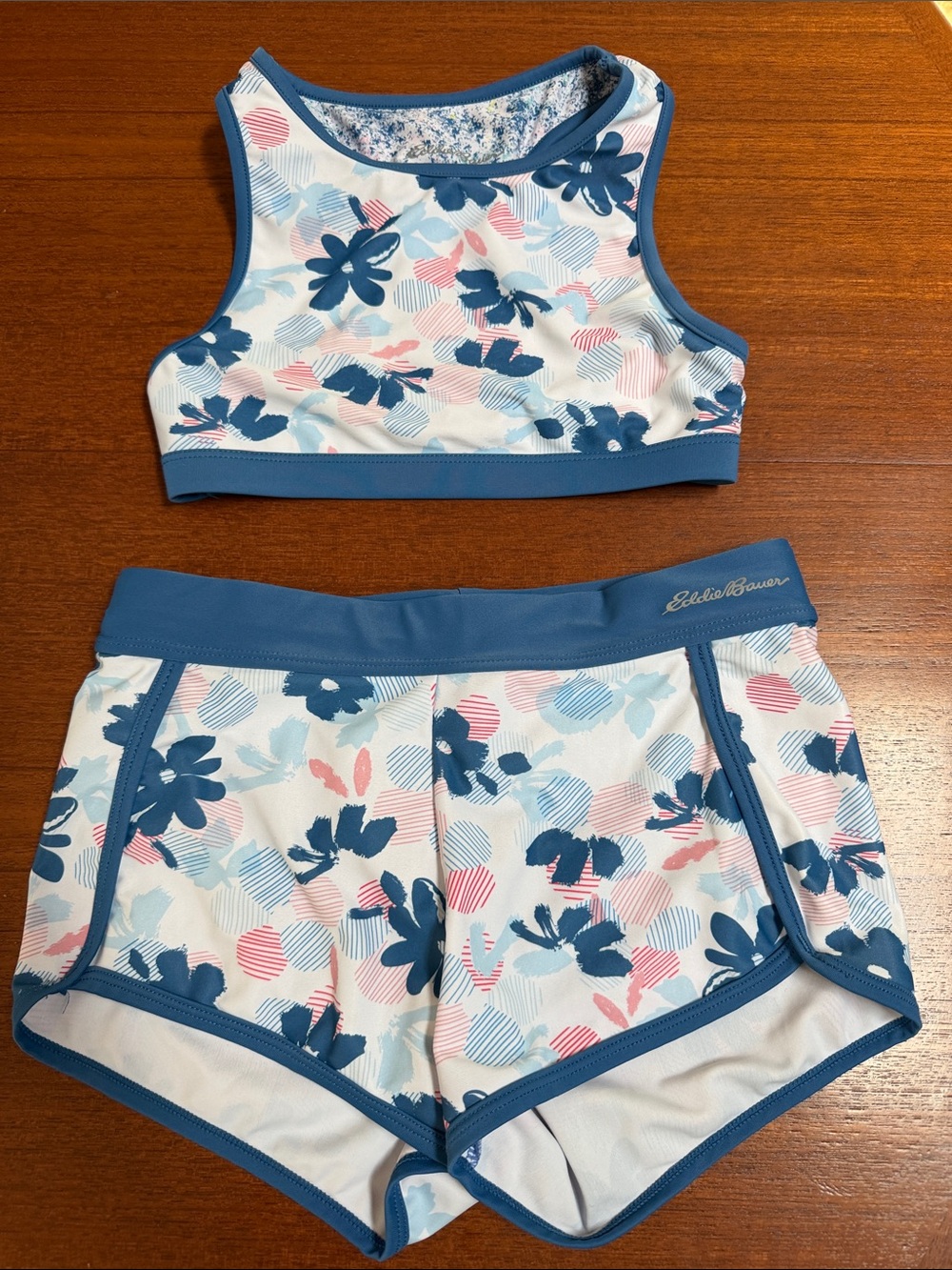 Eddie Bauer Blue and Pink Floral Bikini-athletic style with boy shorts(w lining)